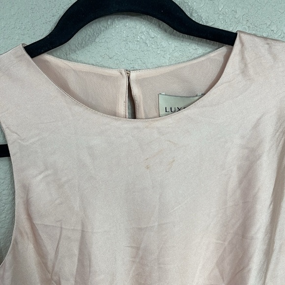 NWT Luxely Asymmetric Satin Maxi Dress Ruffle Sleeve Gathered Waist Blush Sz 8 - Picture 14 of 14